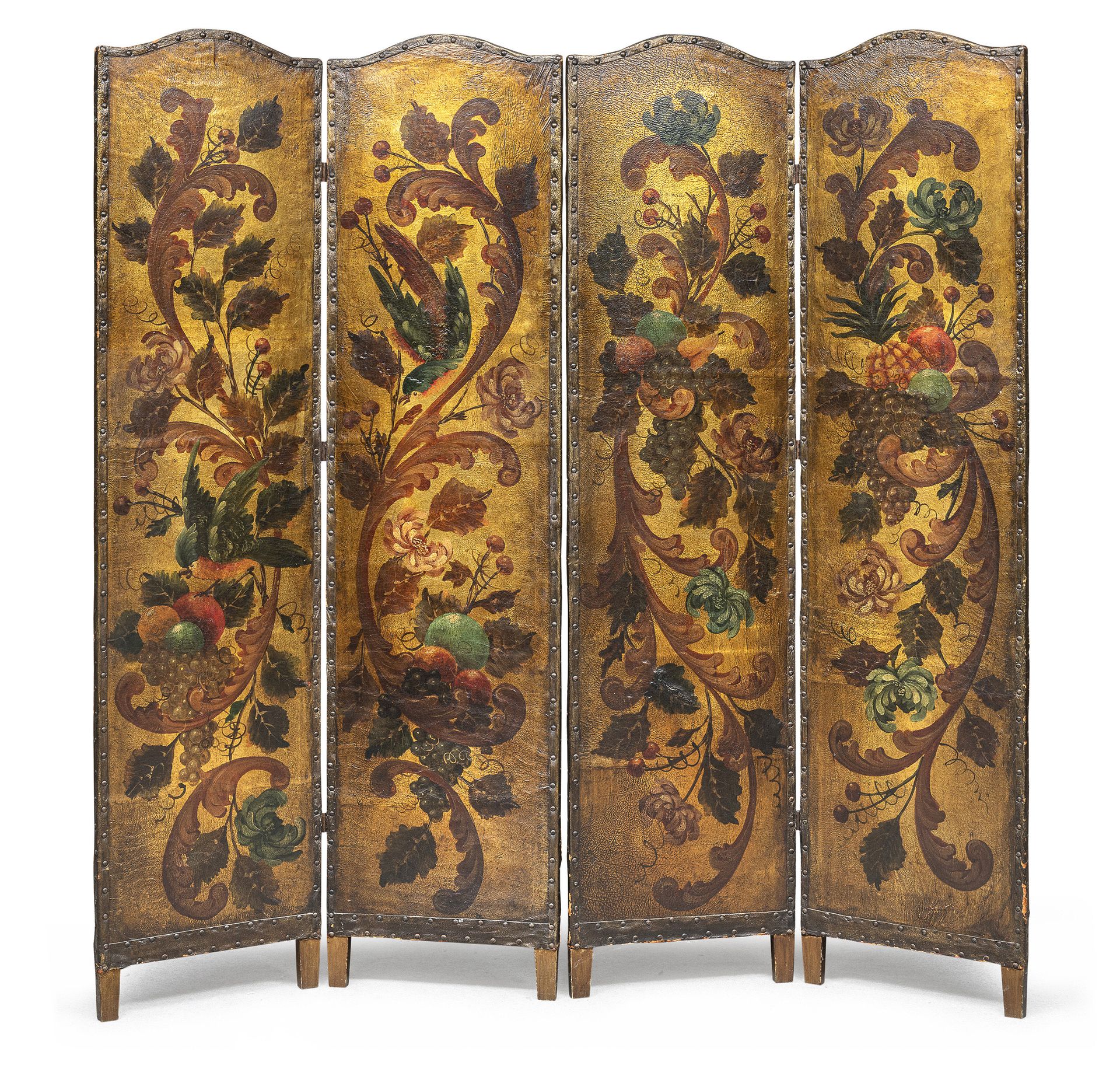 Null 科尔多瓦皮革屏风，19世纪初
有四个门，完全是用大的多色的ramages画的鹦鹉。木轴。
门的尺寸为185 x 45厘米。 
门被分成两对。 

产地&hellip;