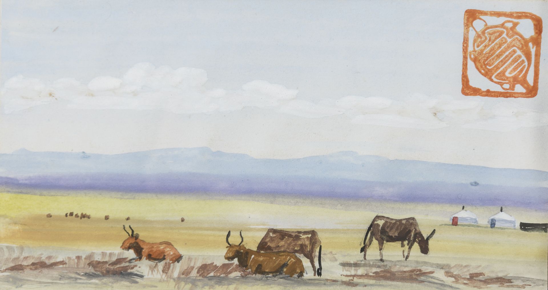 Null 蒙古学校，20世纪
 有蒙古包、水牛和鹿的代表作
三张混合媒体纸，7 x 13厘米
在一个框架内
未在画框外检查。