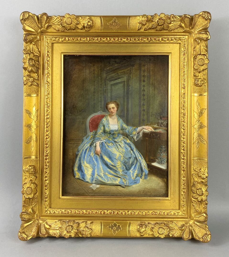 Null 让-路易斯-维克多-维格-杜-维尼奥（1819-1879）。

第二帝国的优雅女性。

木板上的油彩

右下方有签名。

28.5 x 22 cm。
&hellip;