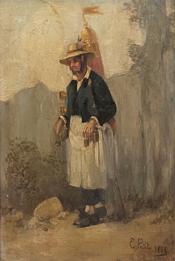 Null E.佩蒂特（19世纪）。

园丁。

板上油彩。

右下方有签名和日期1886年。

32 x 22厘米（展出）。

在一个框架内。