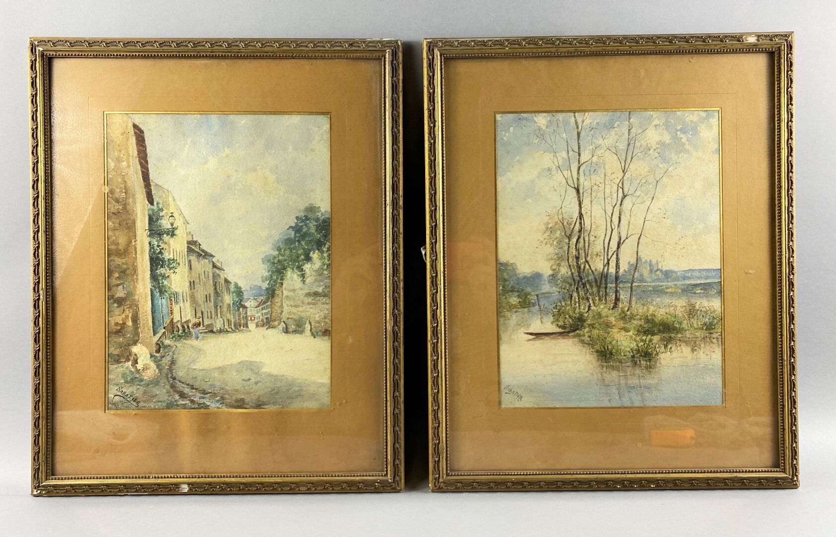 Null 萨巴蒂尔（19世纪末）。

景观。

一对水彩画。

左下方有签名。

在一个框架内。

31,3 x 23,2 cm