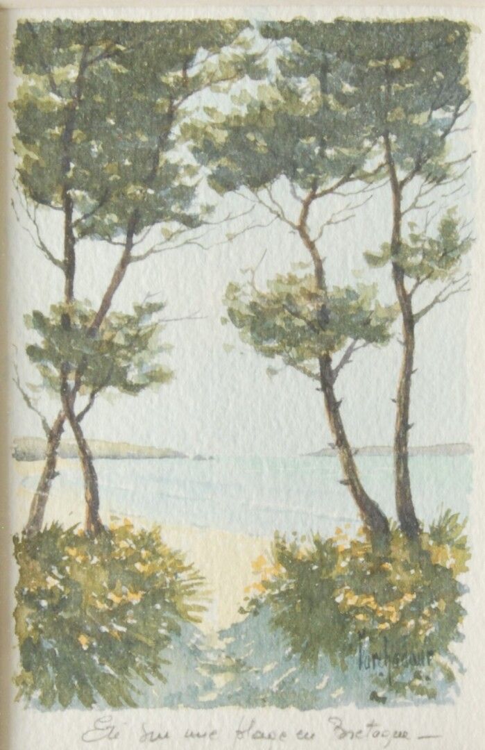 Null 让-雅克-马尔卡杜尔（20世纪）。

布列塔尼海滩上的夏天。

纸上水彩画。

右下方有签名。

在一个框架内。

20 x 13厘米（展出）。