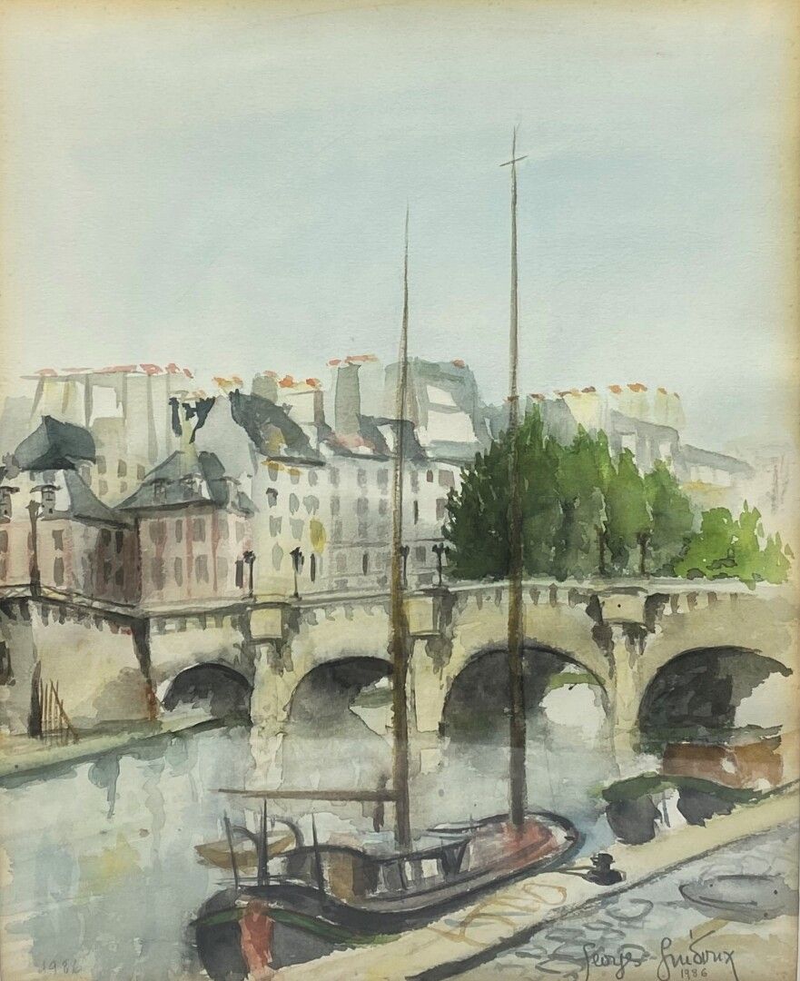Null 乔治-弗里杜（20世纪

新桥。

纸上水彩画。

右下方有签名和日期1986。

35 x 28 cm

轻微的日照。

在一个框架内。