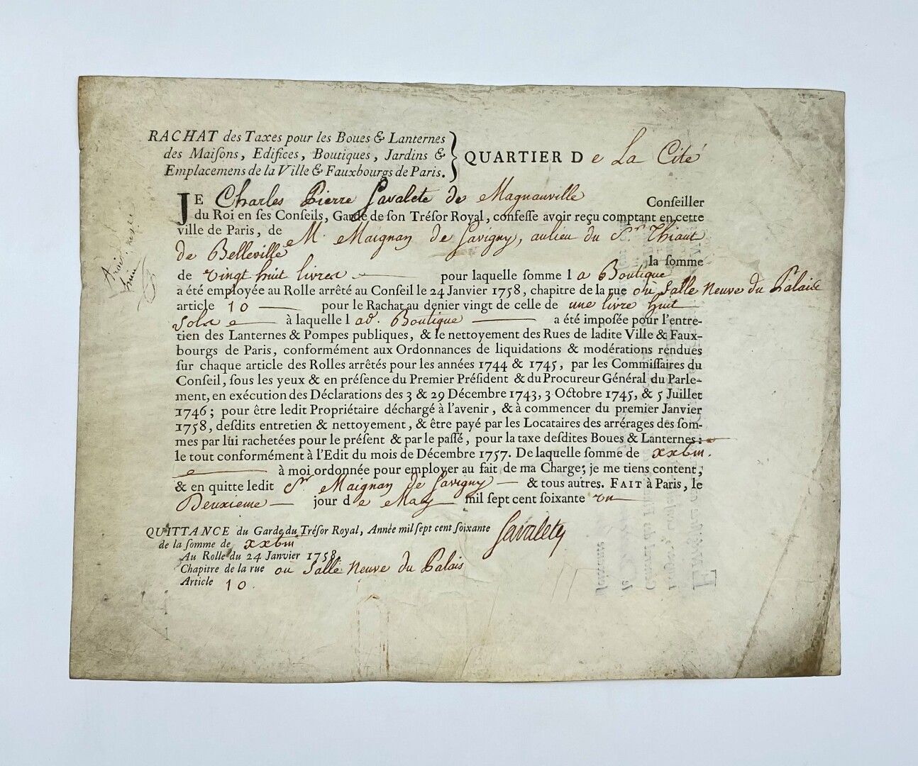 Null [PARIGI]. 

2 maggio 1761. Ricevuta di rimborso delle tasse per la pulizia,&hellip;