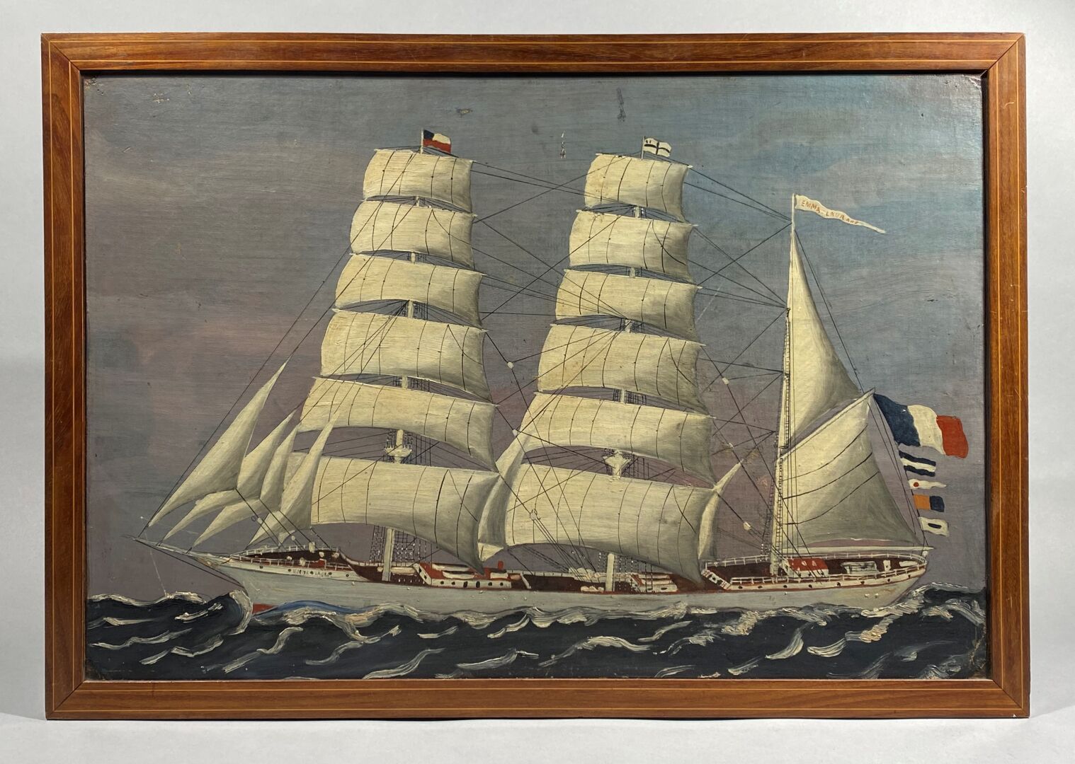 Null 19世纪末的学校。

帆船。

粘贴在画板上的油彩。

42 x 62 厘米

旧的修复。