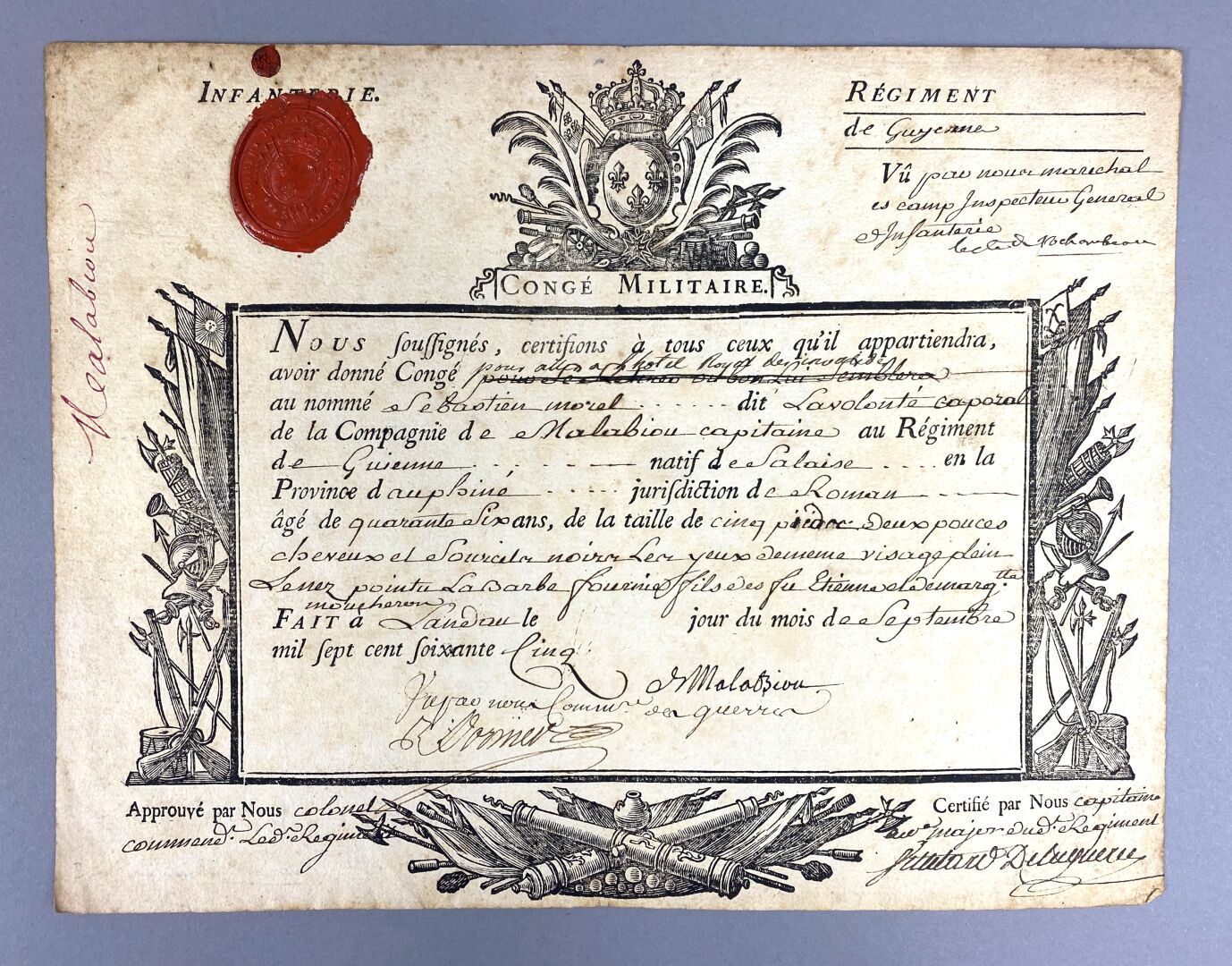 Null 罗尚博-让-巴蒂斯特-多纳蒂安-德-维穆尔伯爵(1725-1807)

签名文件，兰道，1765年9月。1页，长方形对开。雕刻的框架，隐藏的纹章。

&hellip;