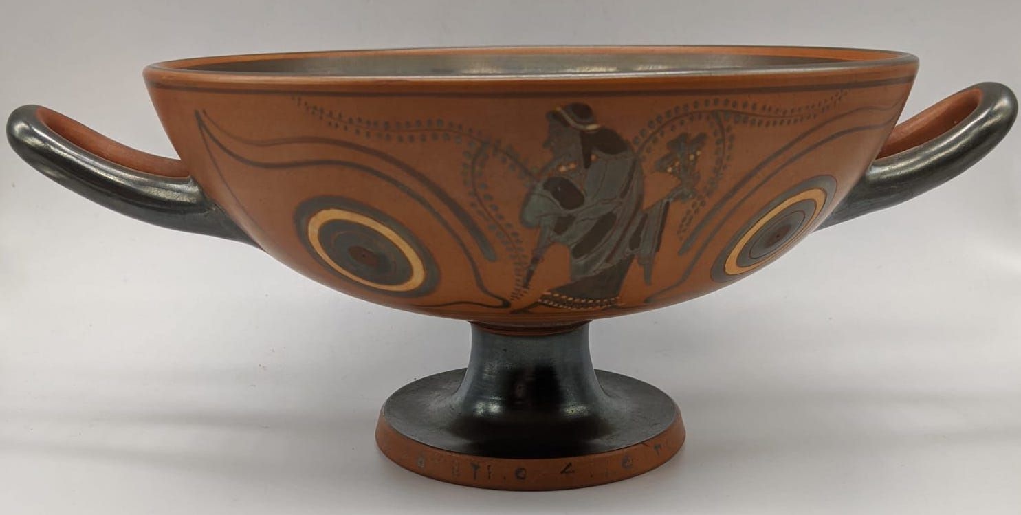Null 在古董之后，一个阁楼式的黑色人物眼睛Kylix，陶土上有五彩的黑色金属釉，一对大眼睛框住了一个拿着大Kantharos的人物（可能是Dionysus）&hellip;