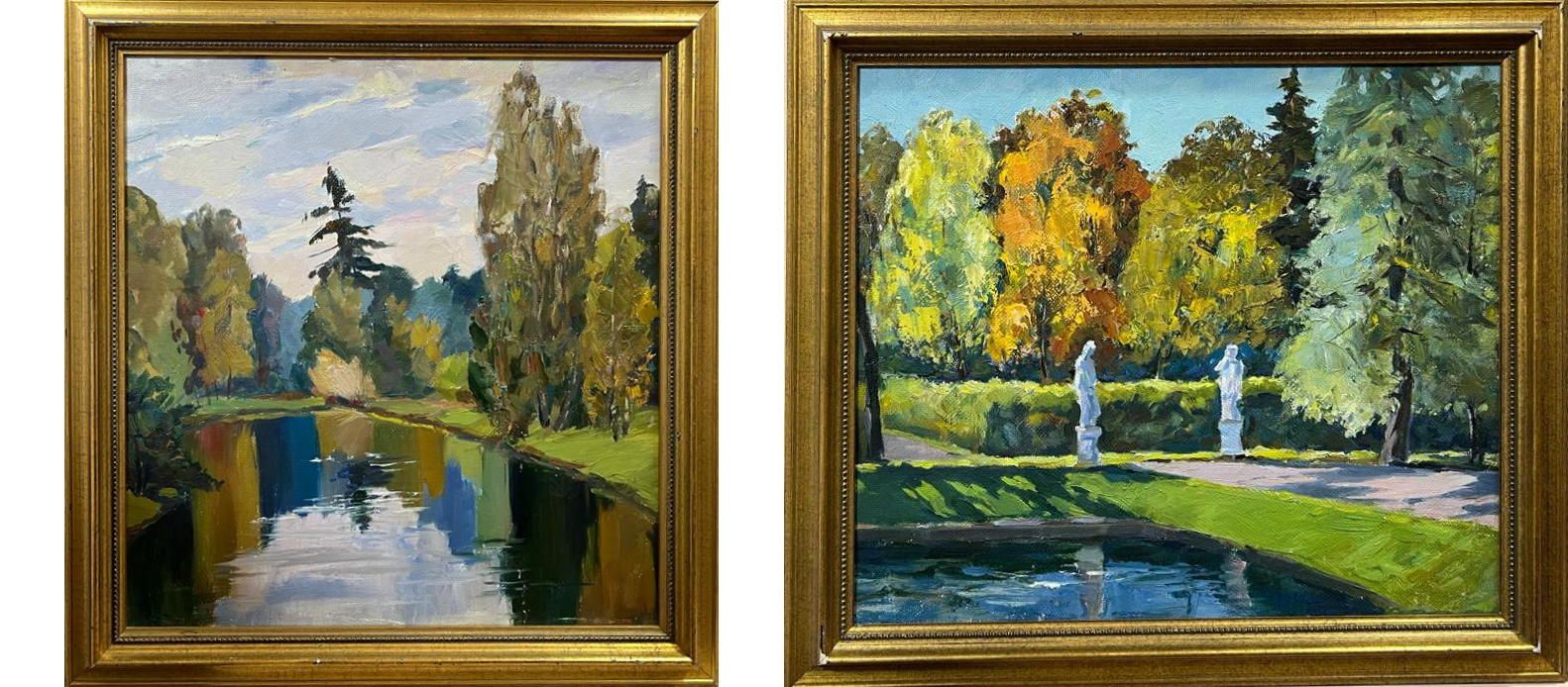 Null Kudrov (Scuola russa del XX secolo), Lago del parco, olio su tela, firmato &hellip;