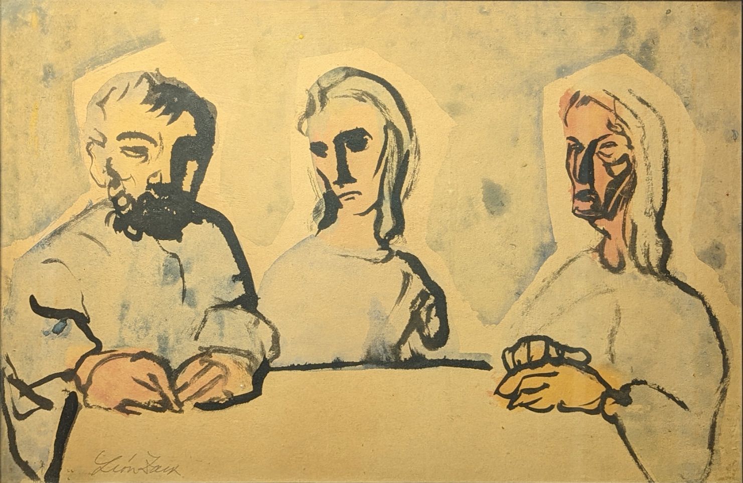 Leon Zac 莱昂-扎克（Lev Vasil'evich Zak）（俄罗斯/法国，1892-1980），《桌子旁的三个人物》，水墨画，左下方有铅笔签名，高3&hellip;