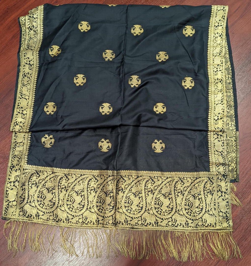 Null An Indian black and gold silk textile, with the Mysore Gandaberunda, 181cm &hellip;