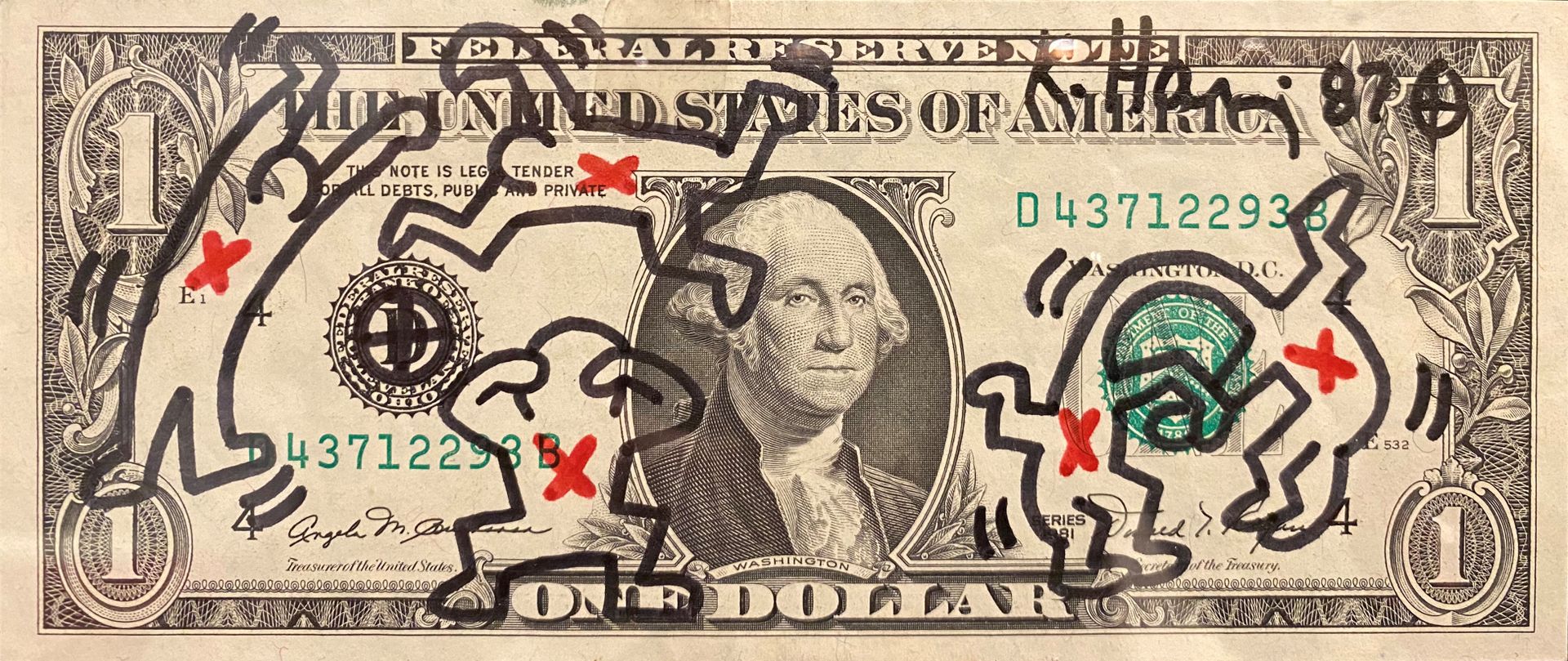 Null KEITH HARING (1958-1990), Attr.

一美元，1987年

黑色马克笔画，在一美元纸币上签名并注明日期。

呈现在有机玻璃&hellip;