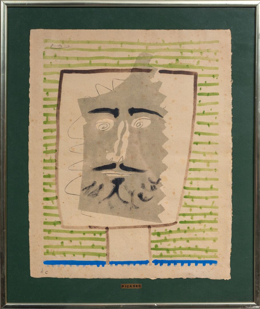 Null 帕布罗-皮卡索（1881-1973）。

一个有胡子的动物人的头。

纸上彩色石版画，左上角有铅笔签名。

Exemplaire Hors Comme&hellip;