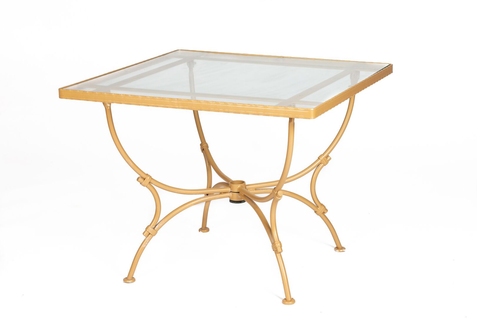 Null Table carrée d'extérieur en fer forgé laqué couleur bronze, plateau de verr&hellip;