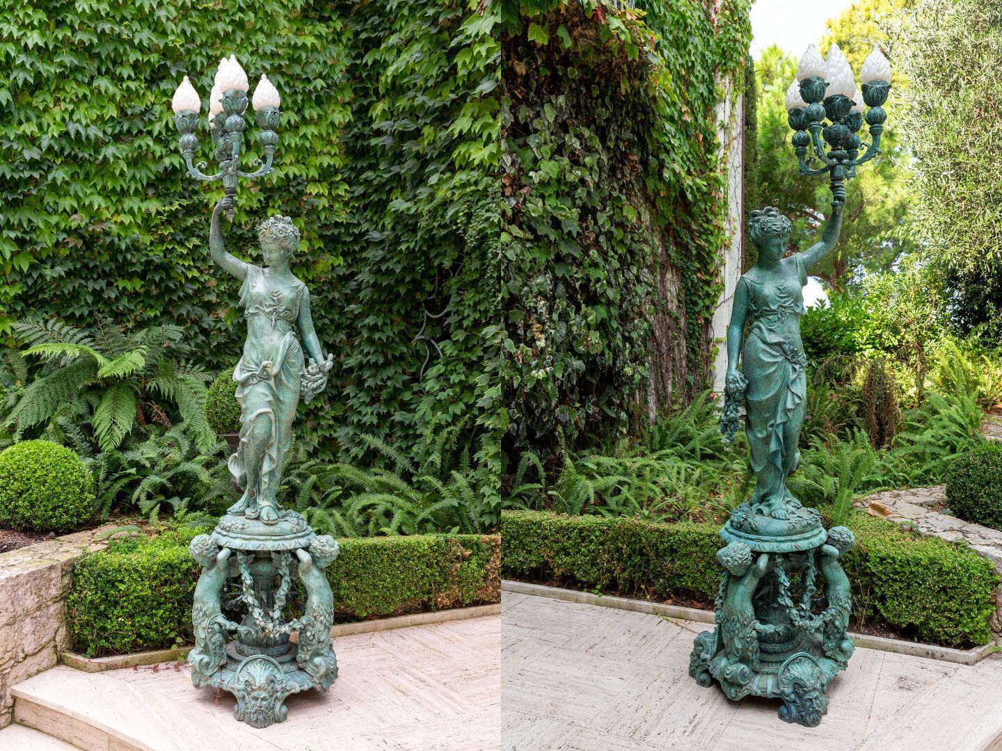 Null Paire d'importants lampadaires d'extérieur en bronze à patine verte, figura&hellip;