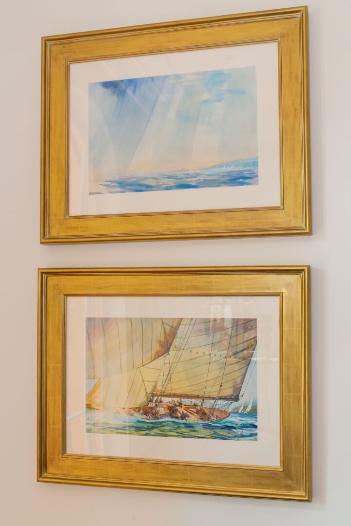 Null Scuola russa contemporanea.

Paesaggio marino e barca a vela.

Due acquerel&hellip;