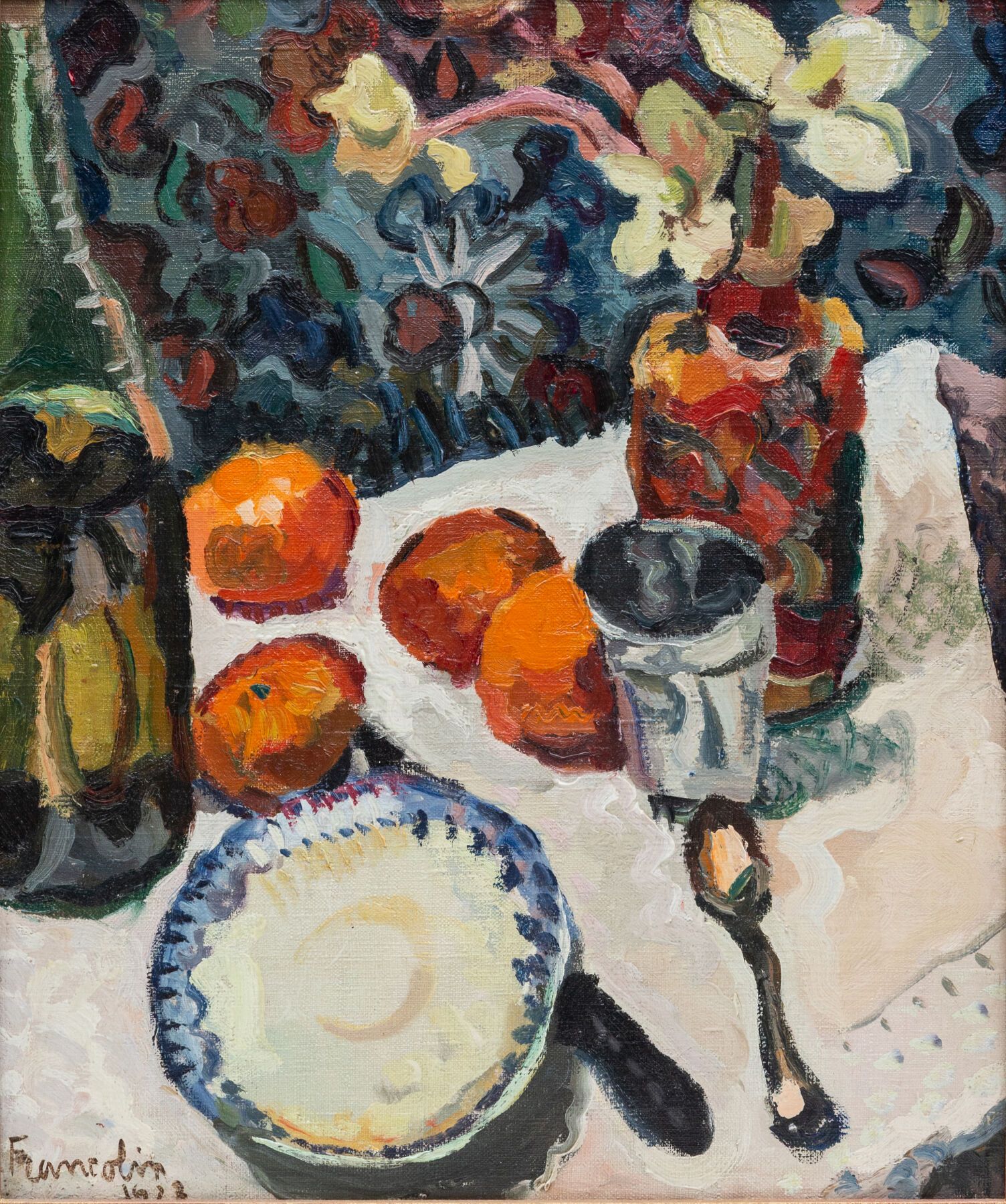 Null Robert FRANCOLIN (1899-1974)。

桌子和橘子的静物。

布面油画，左下方有签名，日期为1923年。

高_46厘米，宽_3&hellip;