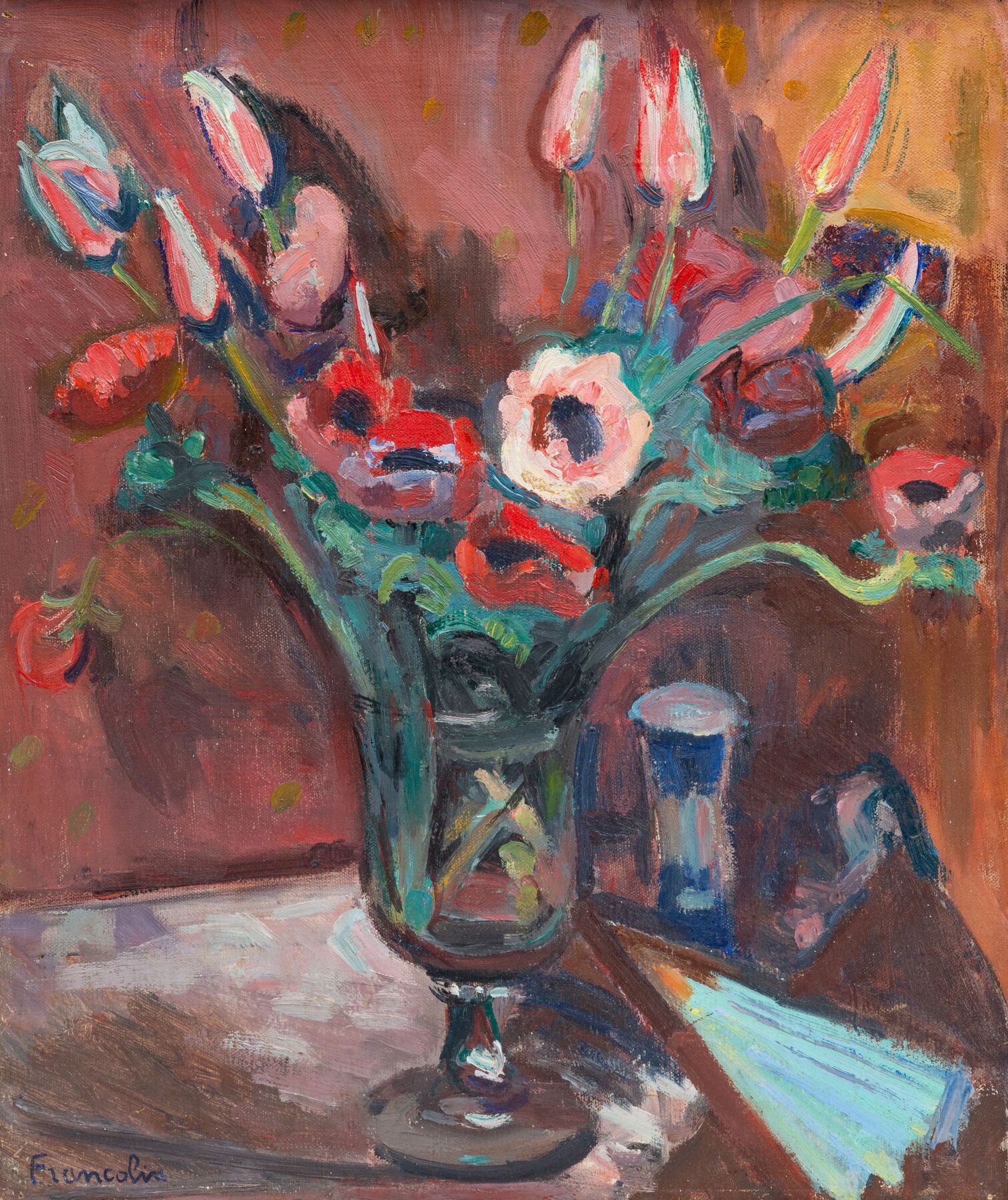 Null Robert FRANCOLIN (1899-1974).

Blumenstrauß, neben einem Fächer.

Öl auf Le&hellip;