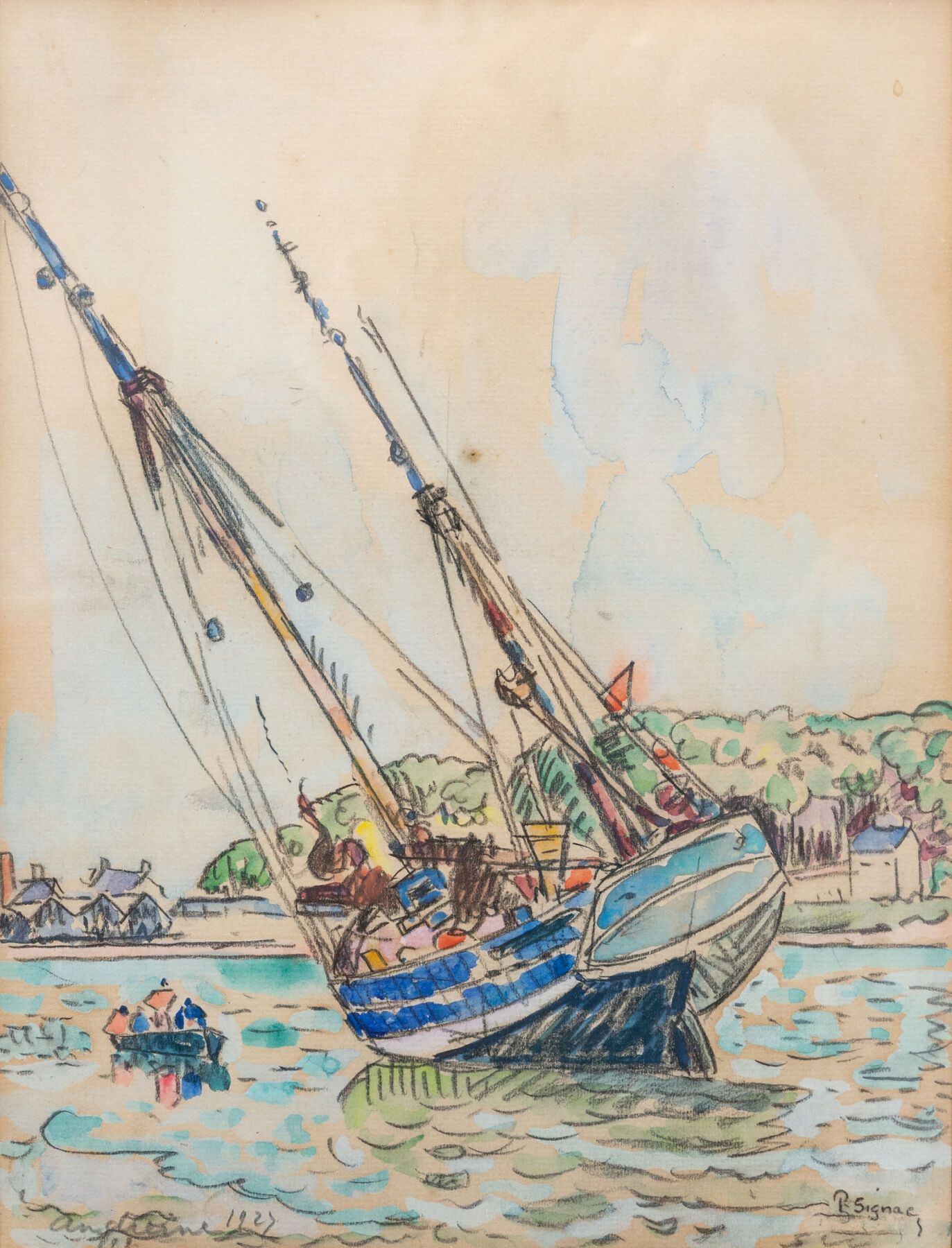 Null 保罗-西尼亚克（1863-1935）。

抛锚的船，奥迪耶讷，1927年。

铅笔线条的水彩画，左下方有签名和日期。

高_30厘米，宽_22,5厘米&hellip;