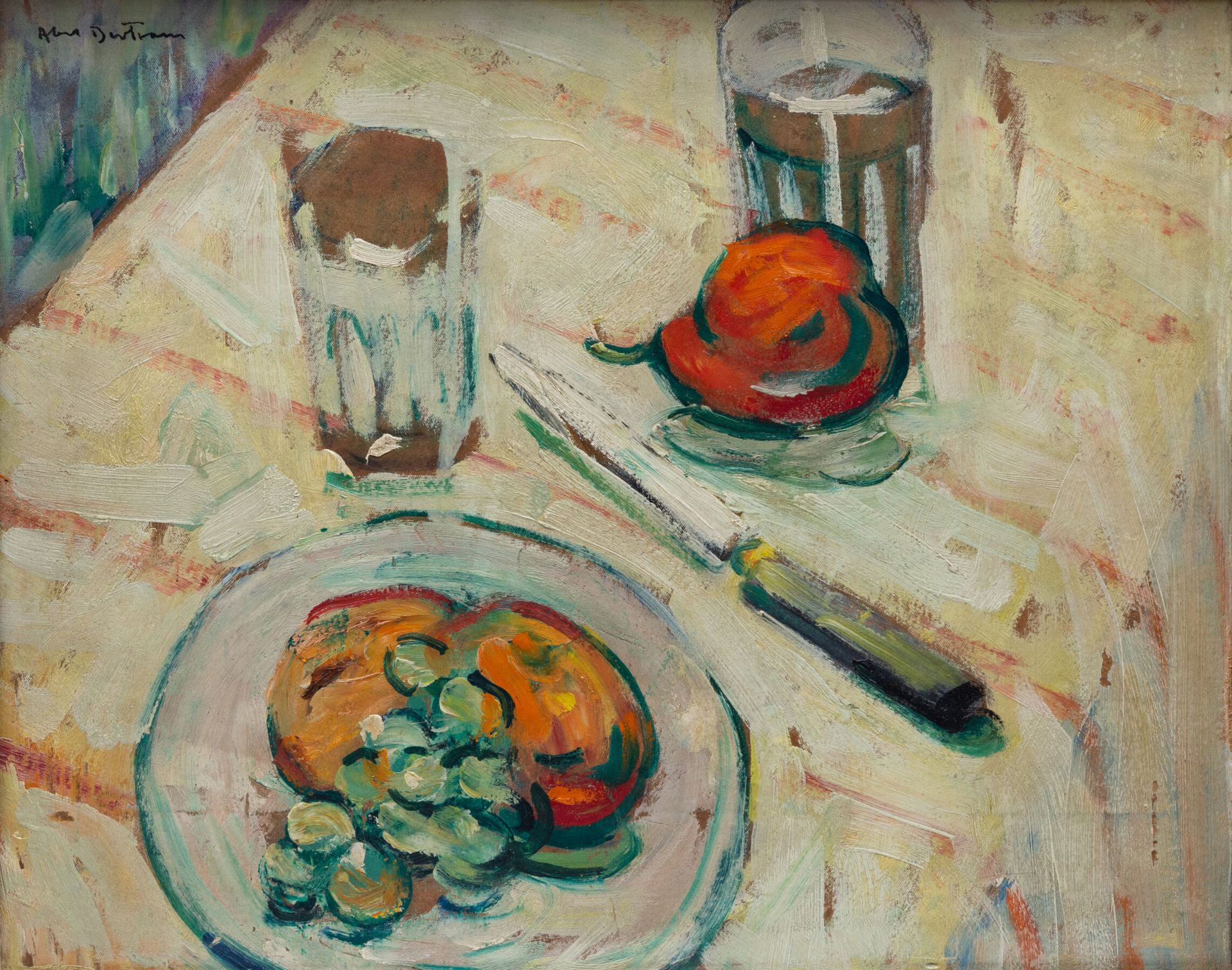 Null 阿贝尔-贝尔特姆（1871-1954）。

有桌子、刀和水杯的静物。

镶木板上的油画，左上方有签名。

高_32,5厘米，宽_41厘米