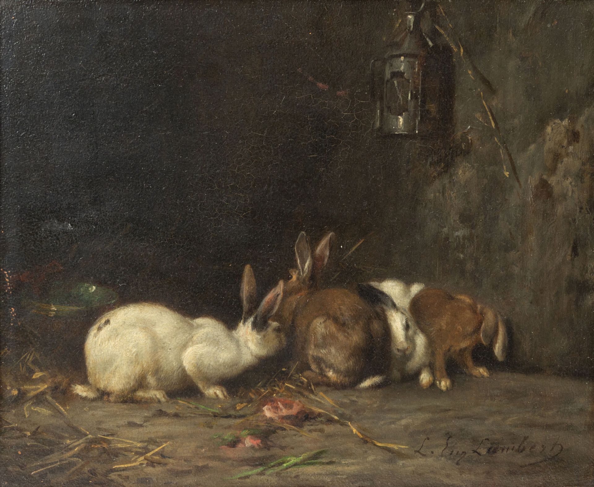 Null 路易斯-欧仁-兰伯特（1825-1900）。

四只兔子。

木板上的油画，右下角有签名。

高_20,5厘米，宽_25,5厘米

装在一个金丝楠木框&hellip;