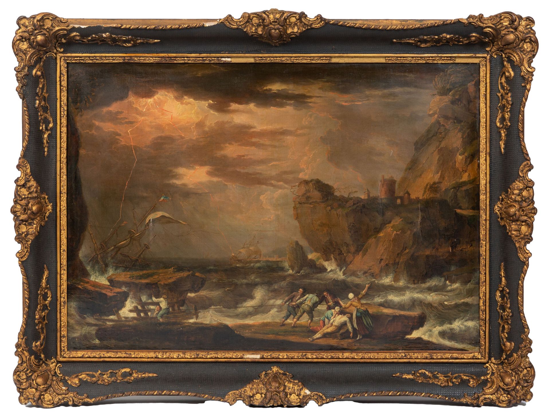 Null 十九世纪的法国画派，阿德里安-芒格（1695-1760）的追随者。

沉船场景。

布面油画。

高_58,5厘米，宽_84，带框。

在一个镀金和黑&hellip;