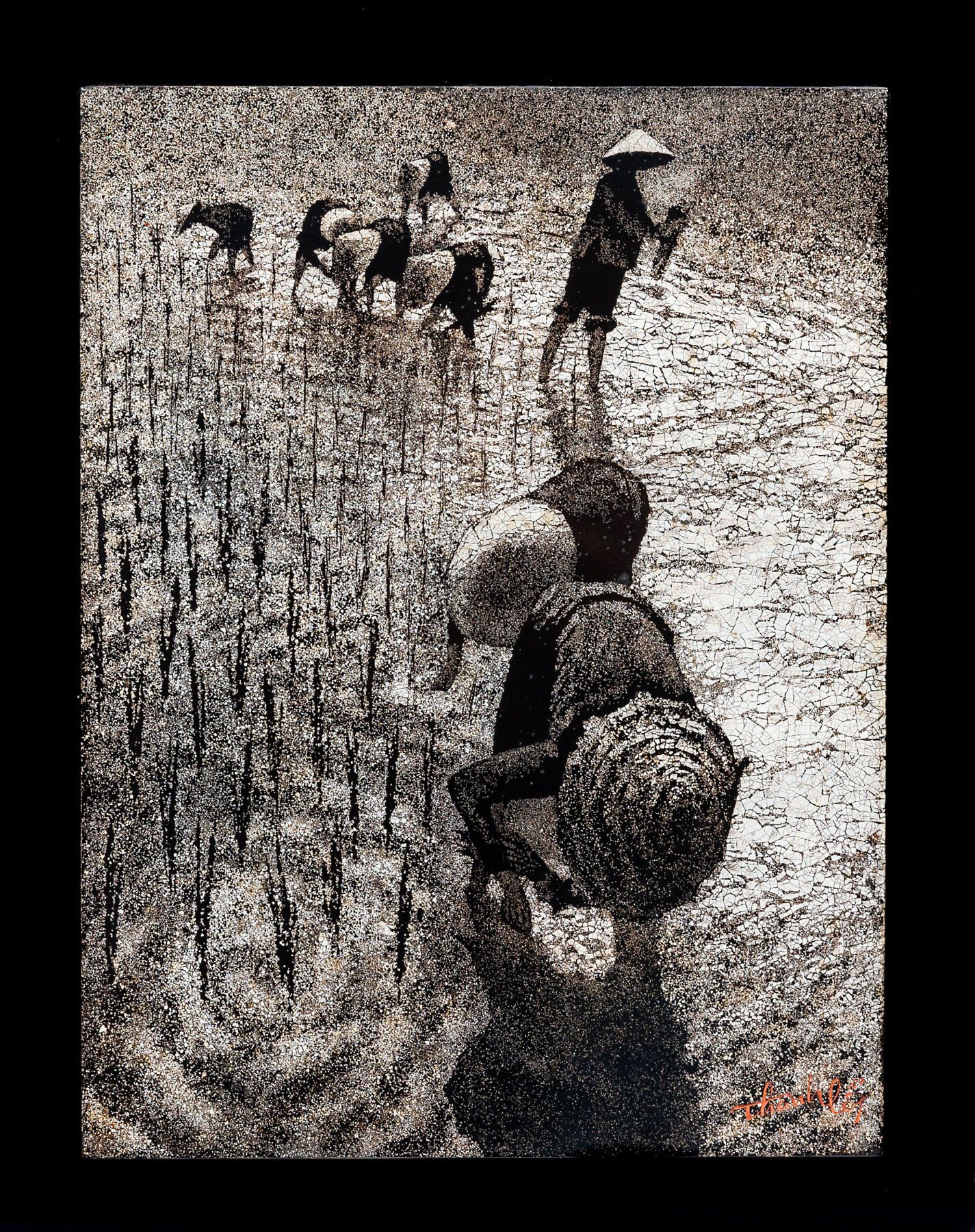 Null THANH LEY, Vietnam (Hanoi School). 

Rice fields. 

Lacquer panel on black &hellip;