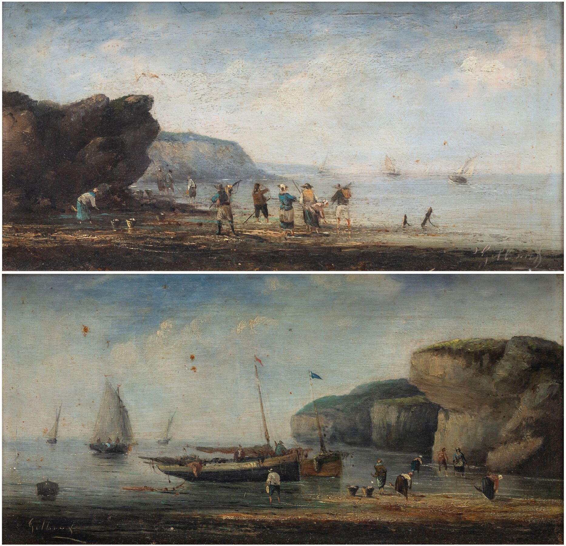 Null 皮埃尔-朱利安-吉尔伯特（1783-1860）。
退潮时的渔民。 
一对油画板，左下和右下都有签名。
高_18厘米，宽_36厘米
装在现代镀金框架中。