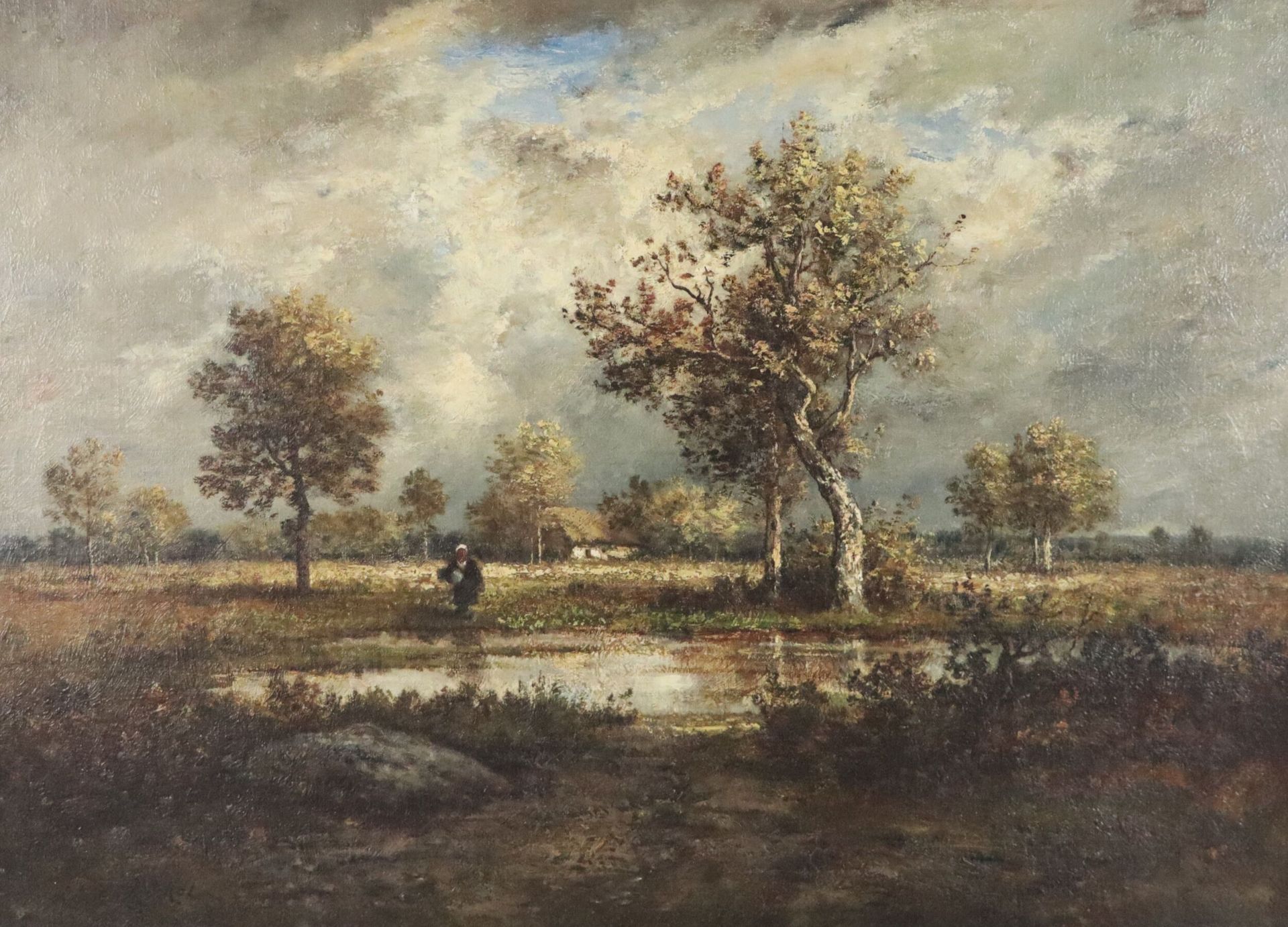 Null 莱昂-里歇（1847-1907）。 
沼泽附近的动画场景。 
布面油画，左下方签名。 
高_54厘米，宽_74厘米，画布上的涂层有待巩固。
装在一个雕&hellip;