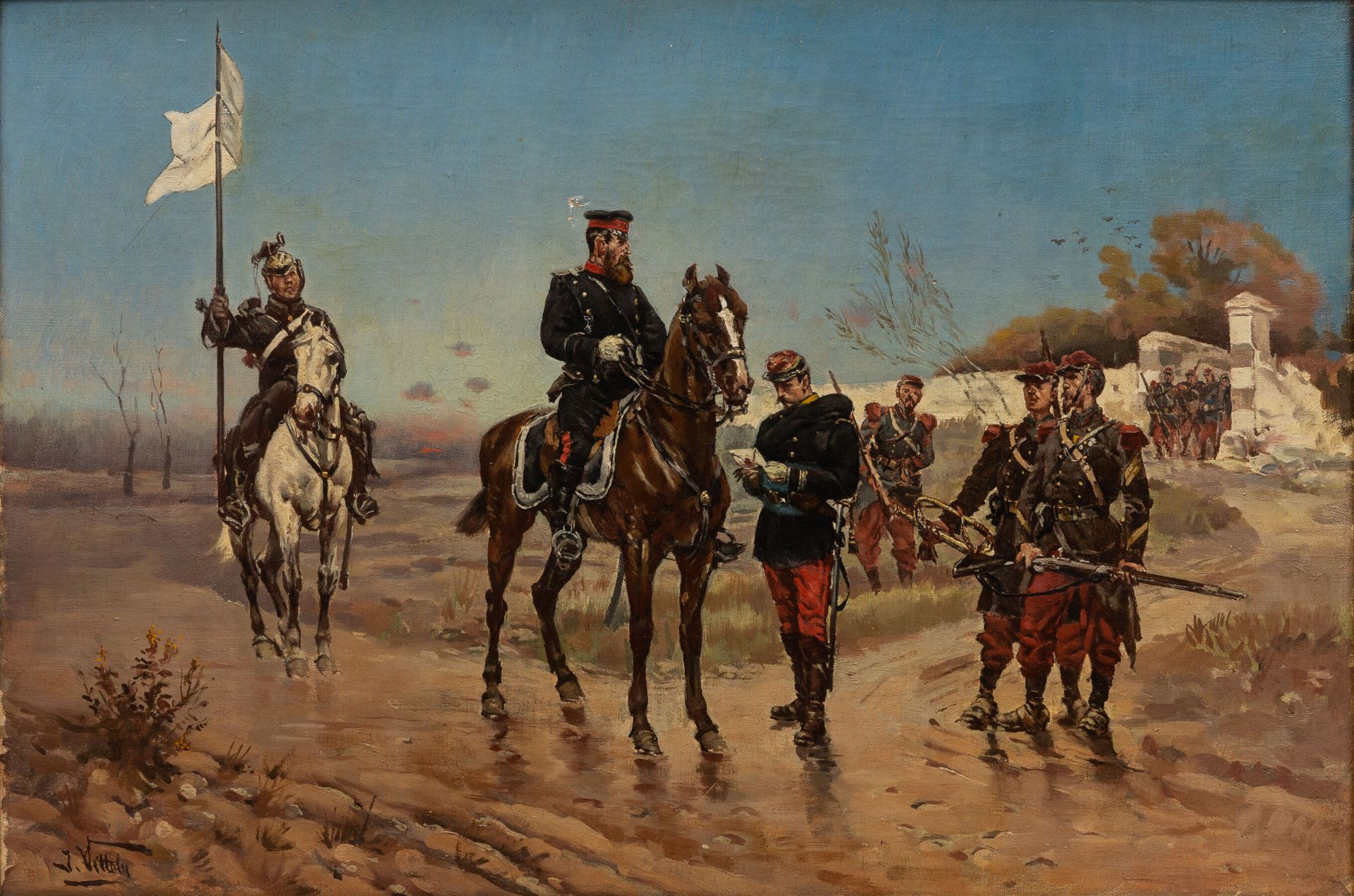 Null 儒勒-维塔利（19世纪）。
普鲁士人的投降，1871年。
布面油画，左下方签名。
高_38厘米，宽_55.5厘米，画布上有两个轻微的破损。
装在一个雕&hellip;