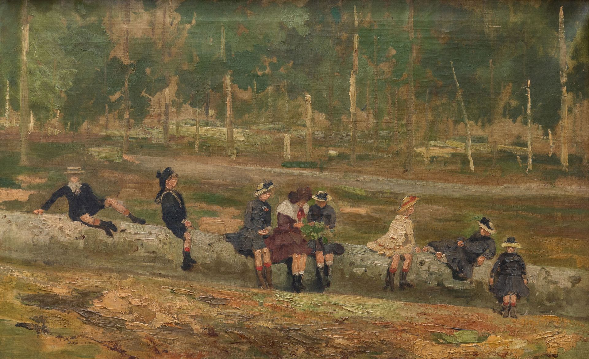 Null 法国或比利时的学校，约1920年。
孩子们坐在森林附近的树干上。
布面油画，无签名。
高_45厘米，宽_73厘米
装在一个现代的部分绿漆的框架里。