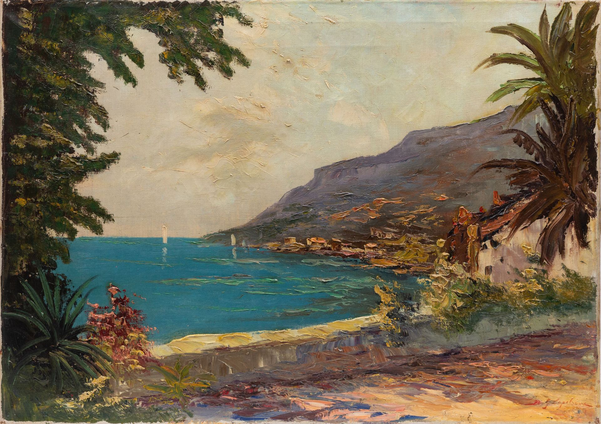 Null Georges LAPCHINE（俄罗斯画家，1885-1951）。
海边，法国里维埃拉。
布面油画，右下方有签名。
高_50,5厘米，宽_70厘米，&hellip;