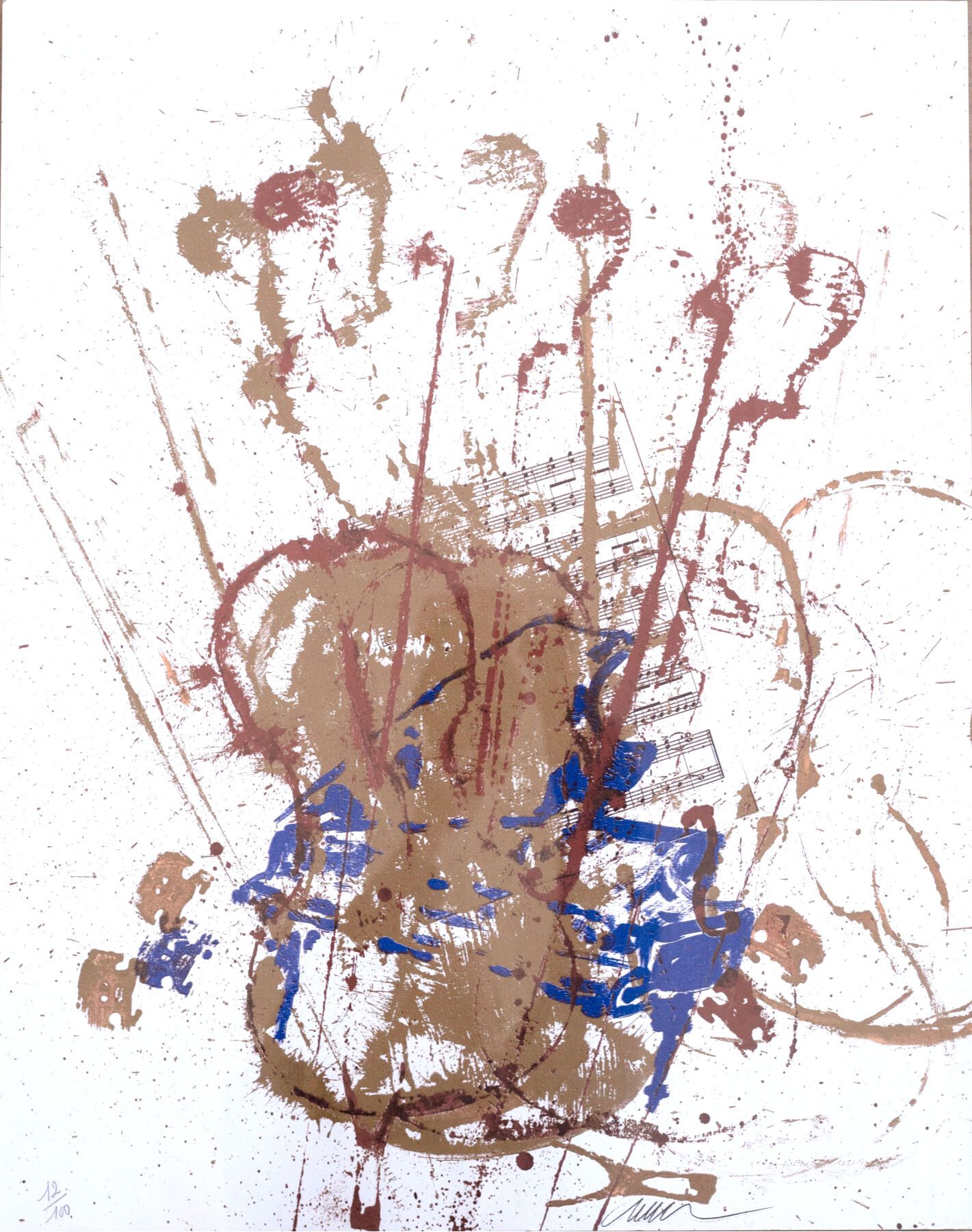 Null 阿尔曼（1928-2005）。
小提琴版画和乐谱。
纸上彩色石版画，右下方签名，左下方注明12/100。 
高_61厘米，宽_48厘米