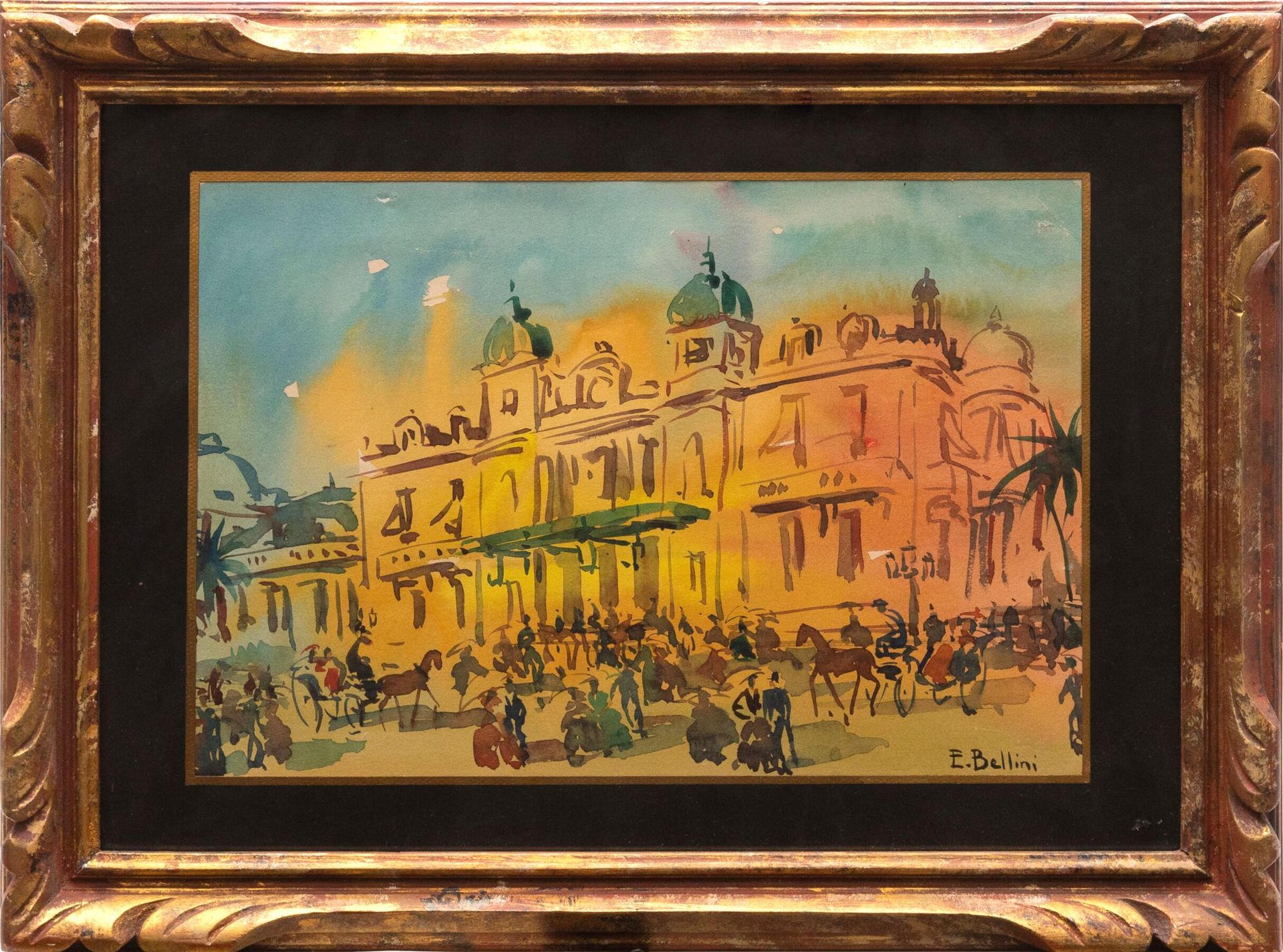 Null 埃马纽埃尔-贝利尼（1904-1989）。
摩纳哥赌场广场。 
纸上水彩画，右下角有签名。 
高_28厘米，宽_41.5厘米 
在玻璃下装裱。