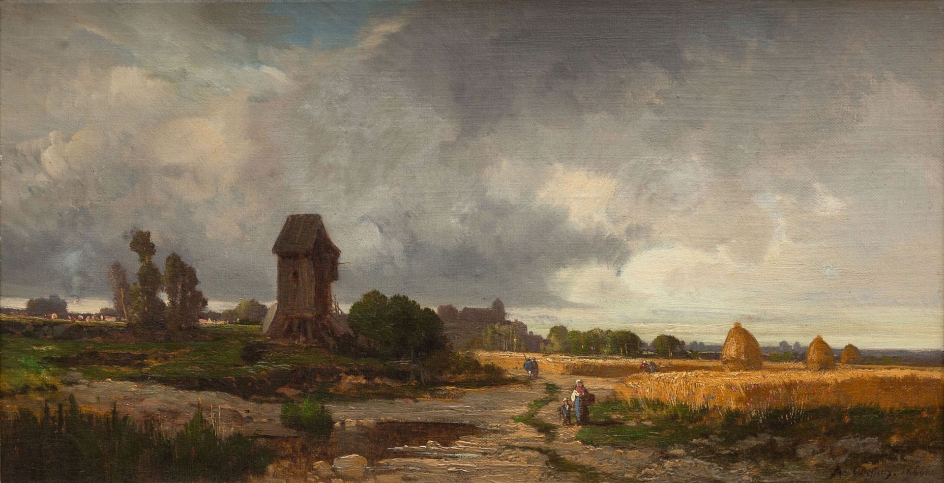 Null Alexandre DEFAUX (1826-1900). 
麦田里的人们，在暴风雨来临之际。
布面油画，右下方有签名，日期为1966年。
背面有标签&hellip;
