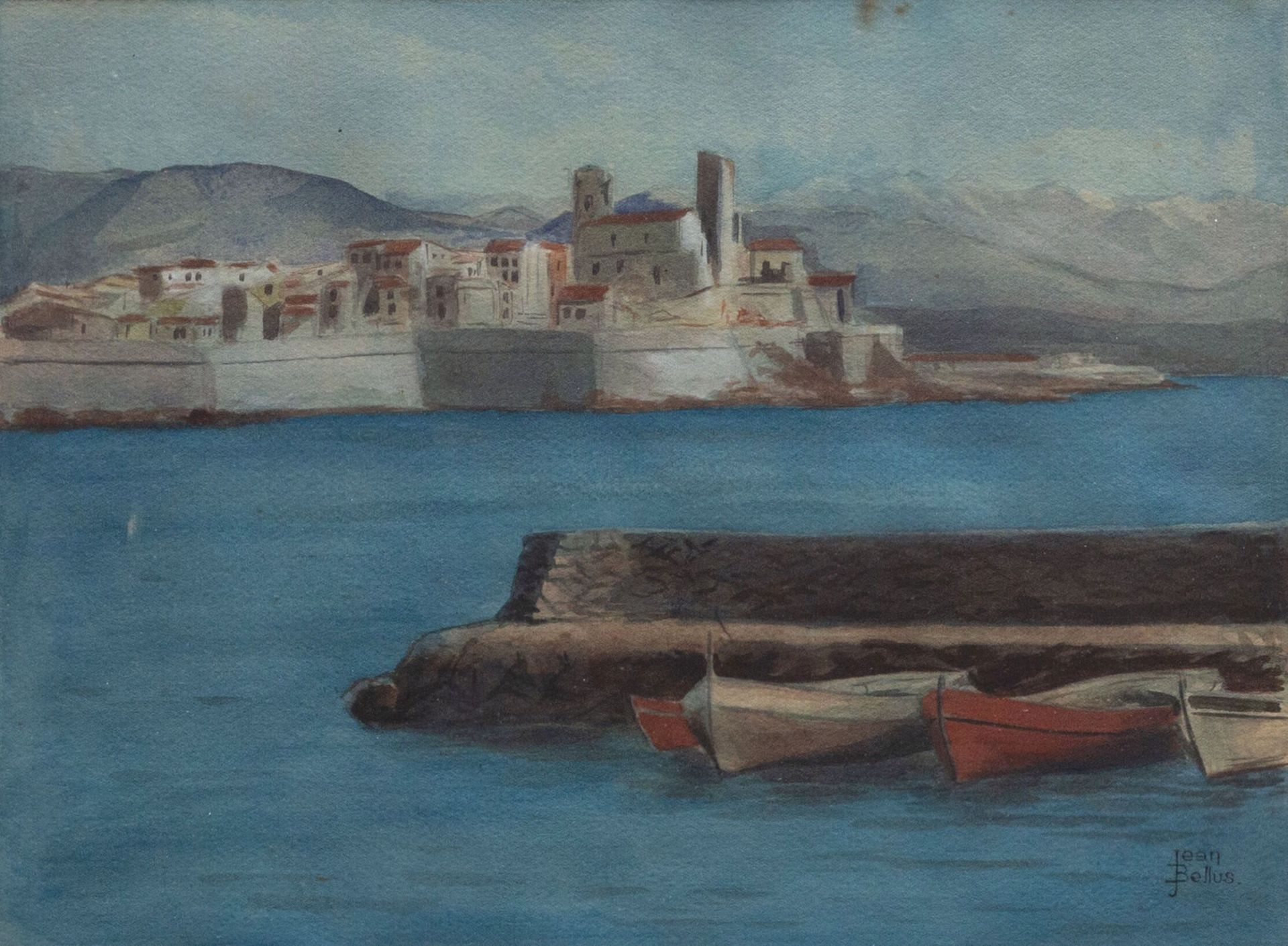 Null Jean BELLUS (1911-1967). 
Antibes, la vieille ville vue de la Salis.
Aquare&hellip;