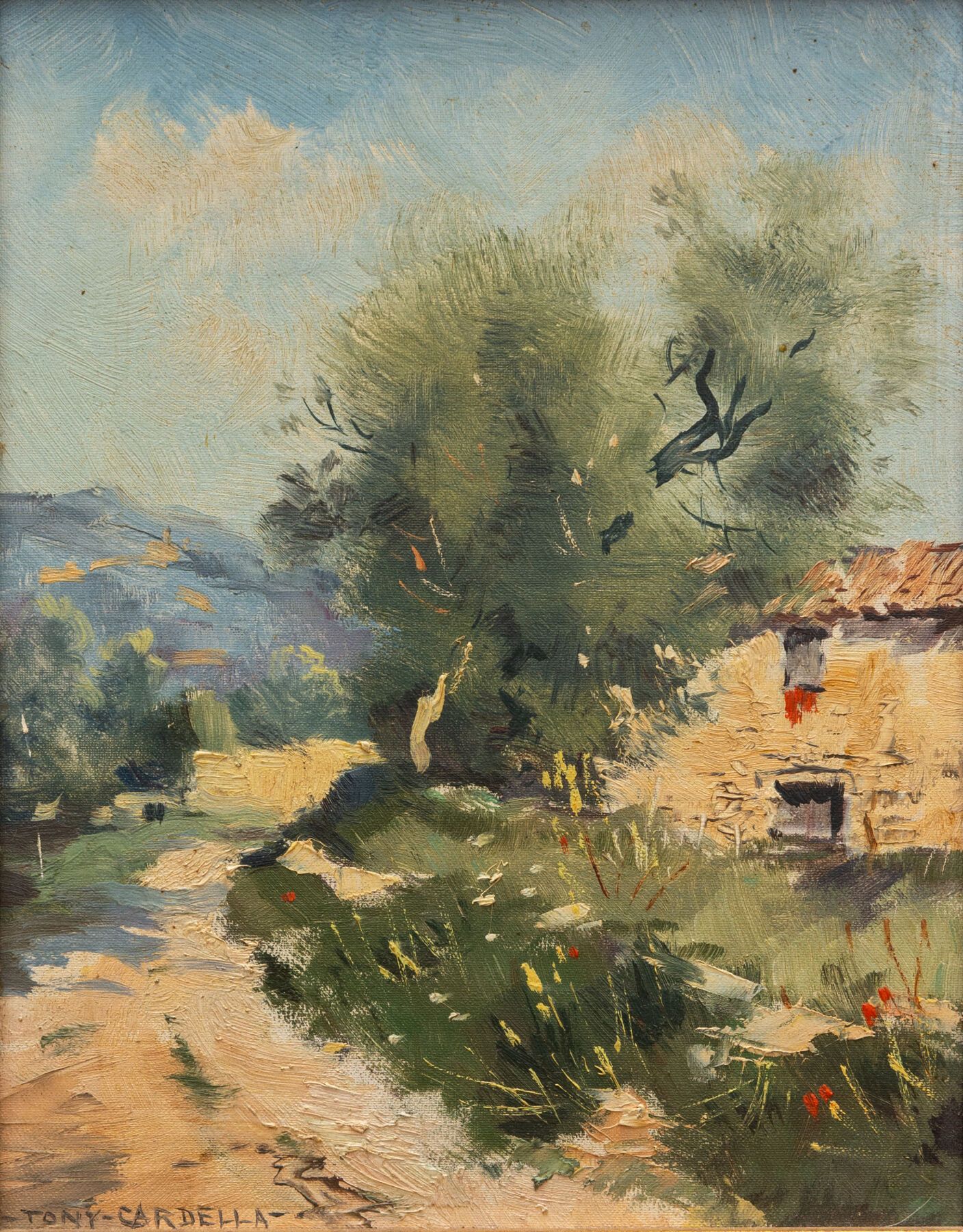 Null Tony CARDELLA (1898-1976)。
一所房子的景色。 
油画在面板上，左下角有签名。
高_22,5厘米，宽_18厘米
装在一个铜化和&hellip;