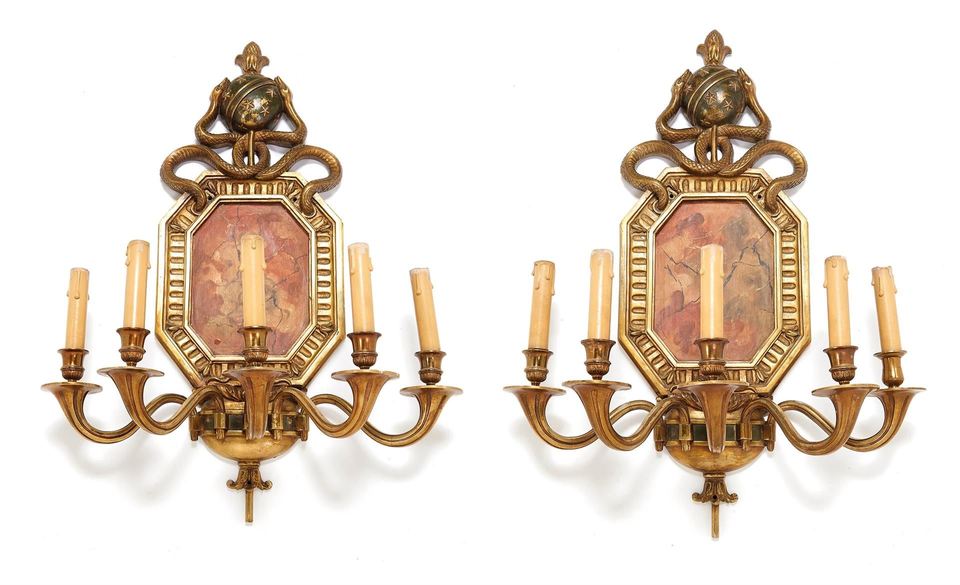 Null Pair of bronze sconces with five lights framing medallions in scagliole sur&hellip;