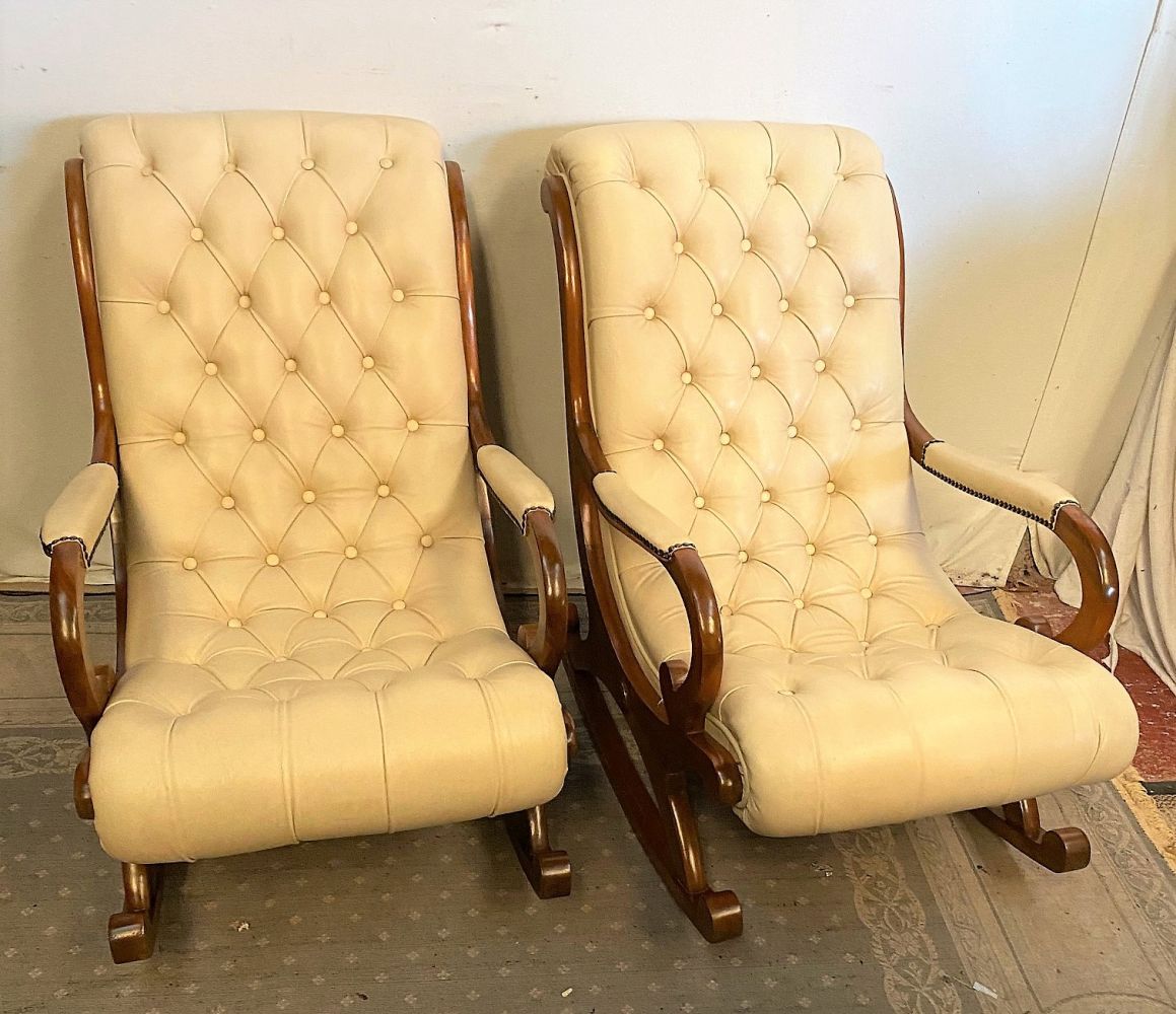 A PAIR OF REGENCY STYLE CREAM LEATHER BUTTON BACK ROCKING CHAIRS / ARM CHAIRS, e&hellip;