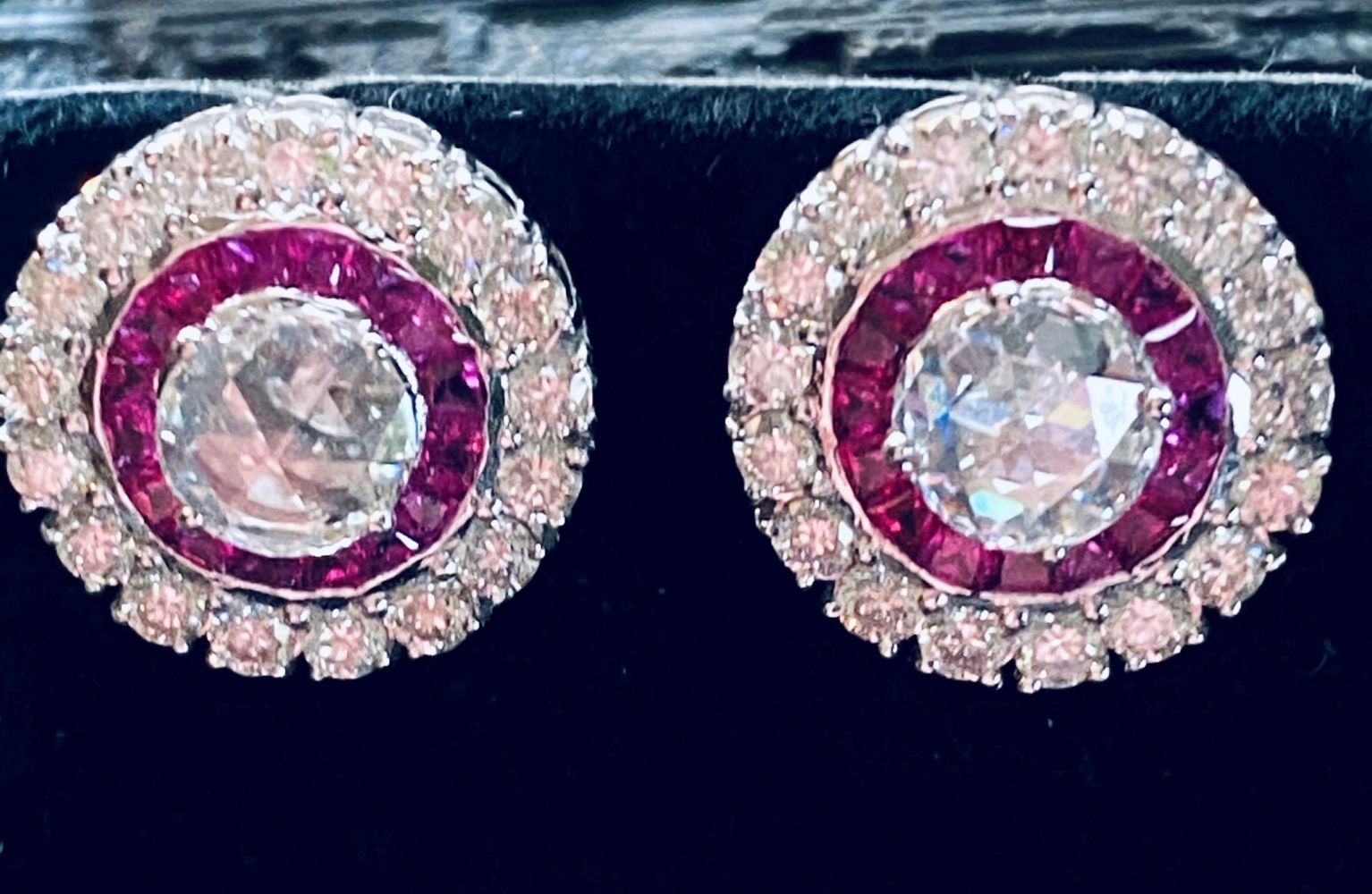 A FANTASTIC ART DECO INSPIRED PAIR OF 18CT WHITE GOLD RUBY & DIAMOND TARGET EARR&hellip;
