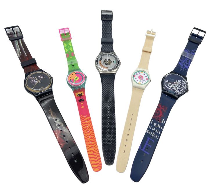 Null SWATCH, 一套5款手表，包括Tristan, Metropolis, Pink Hurycane和Frost，带表壳。