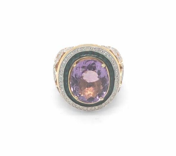 Null *925银戒指，镶有锆石和黑色珐琅的椭圆形紫晶石

侧面有镂空的芙蓉花，装饰中镶嵌锆石

TDD 60，重量为19.7克