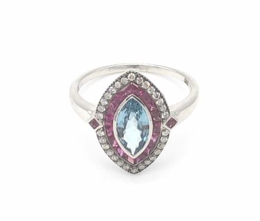 Null *装饰艺术风格的750白金脐带戒指，镶有蓝色托帕石，约1.50克拉，边缘镶有红宝石和明亮式切割钻石

TDD 53，重量为3.2克