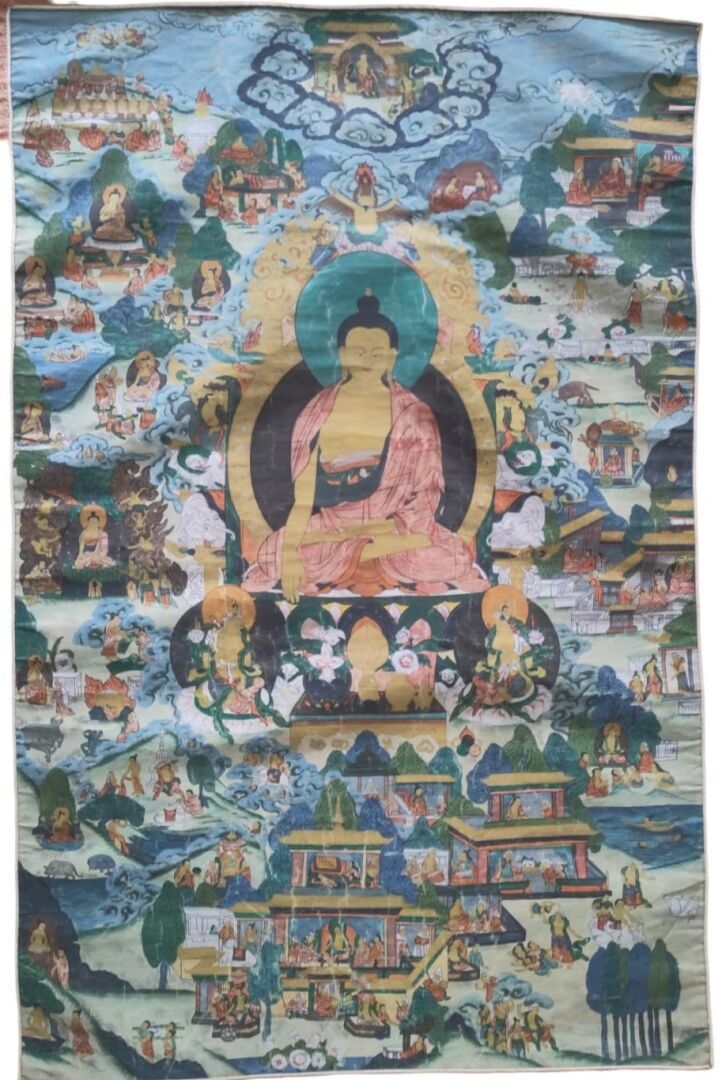 Null TIBET - 20. Jahrhundert
Thangka, Tempera auf Leinwand, Sakyamuni sitzt in d&hellip;