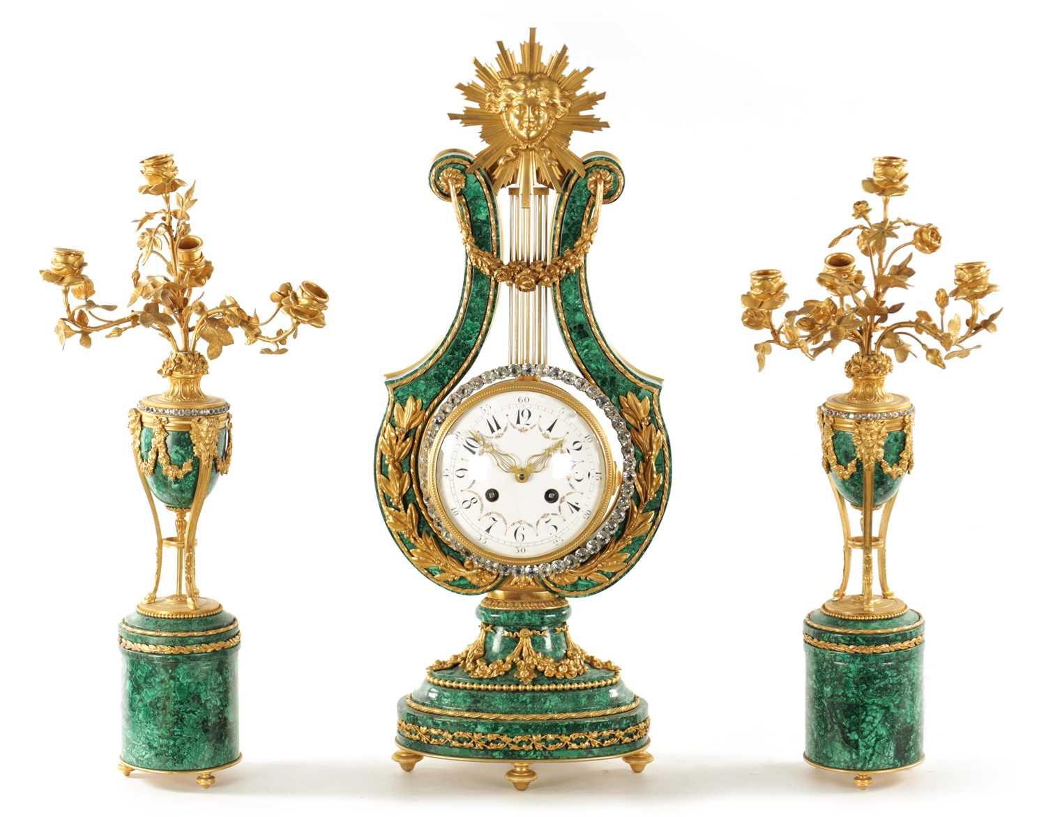 A FINE OVER-SIZED 19TH CENTURY FRENCH ORMOLU AND MALACHITE LYRE SHAPED EIGHT-DAY&hellip;
