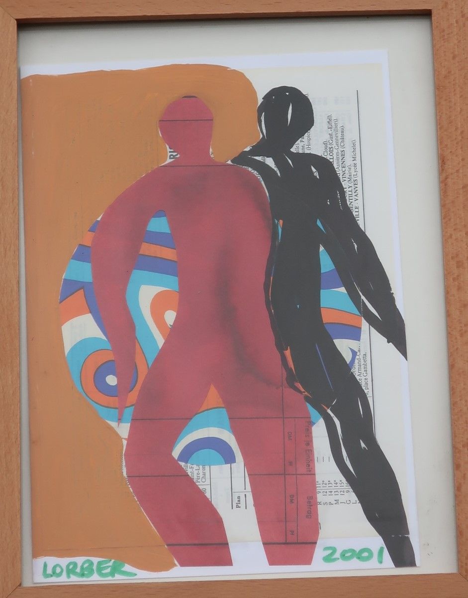 Null Christiane Lorber "Two figures", mixed media collage,signed,ca.21x15cm