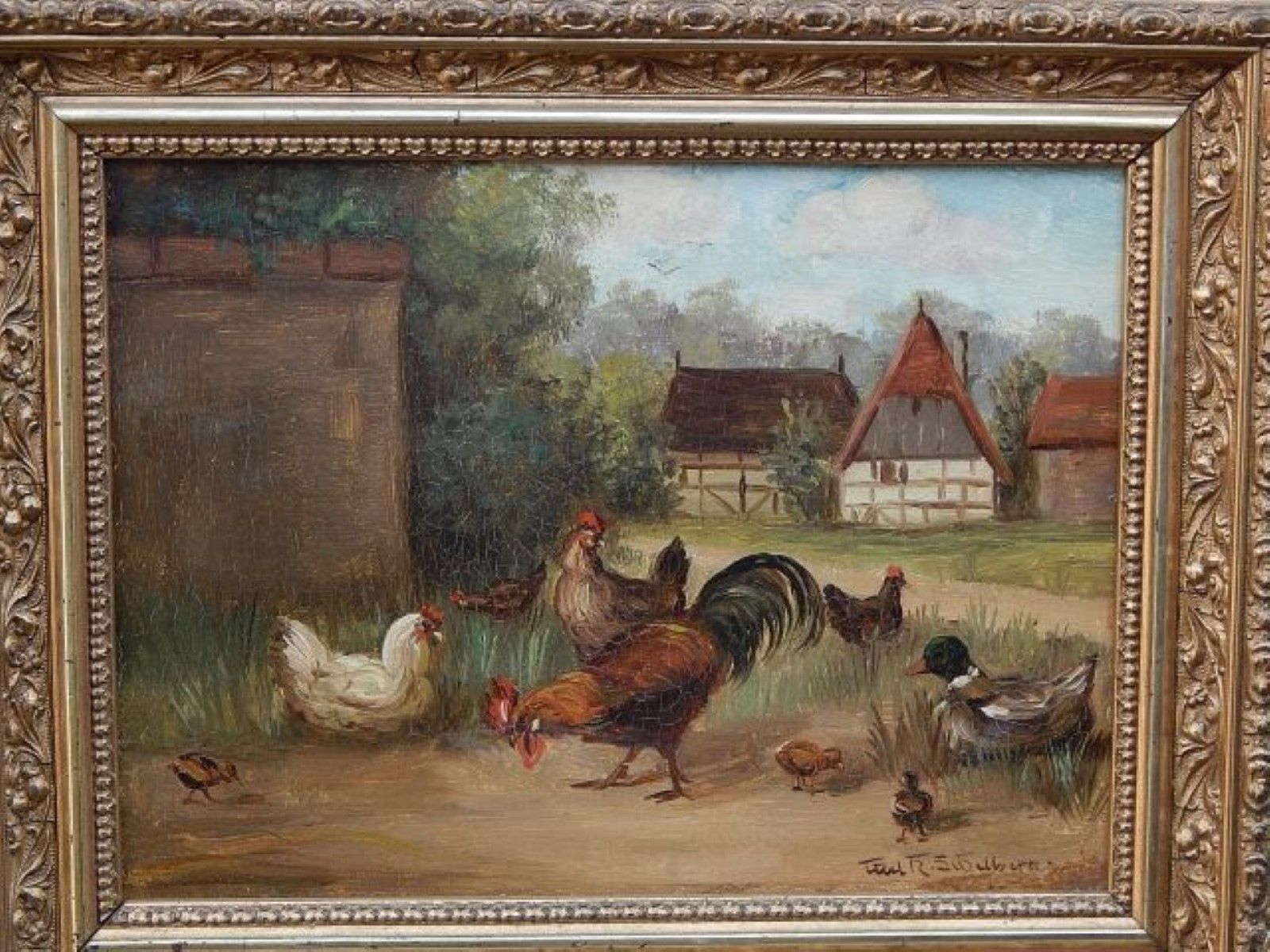 Null "鸡场"，木板油画，难以辨认的签名，约19x 24cm