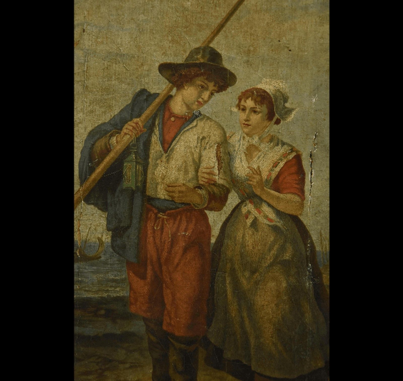 Null Jeune couple de marins, huile sur toile,env. 67 x 45cm,endommagé,vers 1900