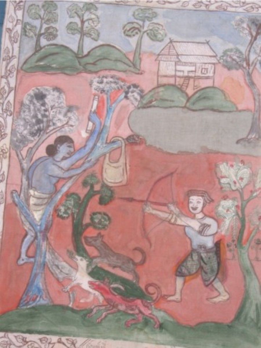 Null "狩猎场景"，蜡染作品，可能是印度尼西亚，底部刻有字，无框，54x43cm