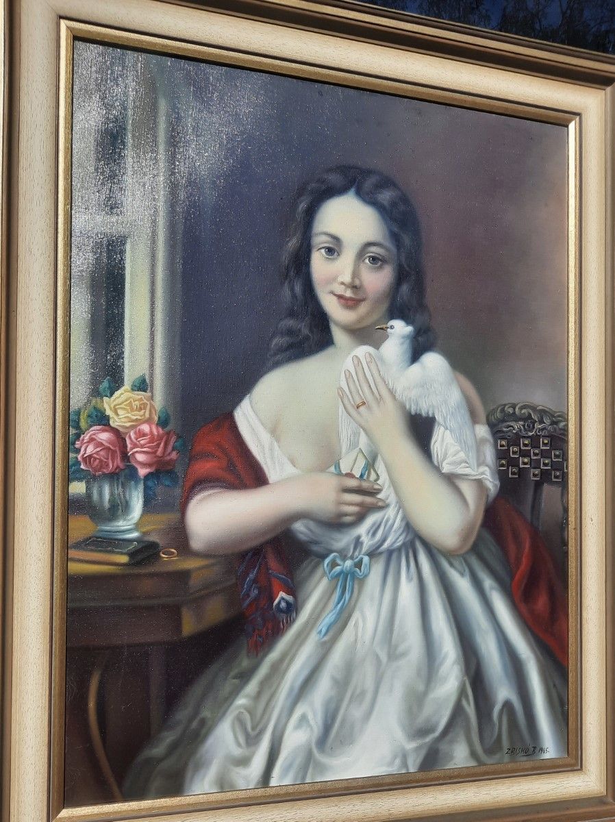 Null "Ritratto di ragazza con colomba bianca", olio su tela, firmato Z.Biskú, 80&hellip;