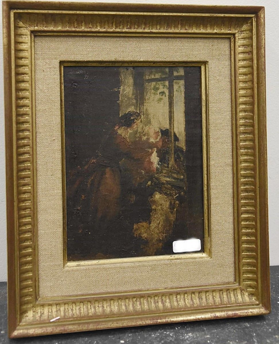 Null "Blick aus dem Fenster",Öl auf Holz,wohl unsigniert,ca. 17x12,5cm